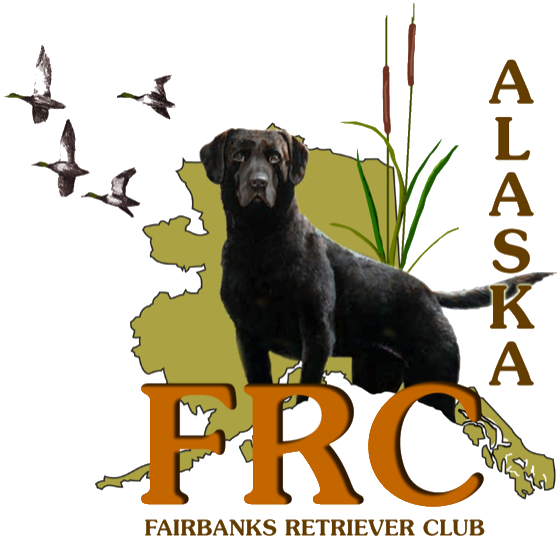 The Fairbanks Retriever Club crest: a black Labrador standing on the outline of Alaska, with pintails flying past and cattails behind